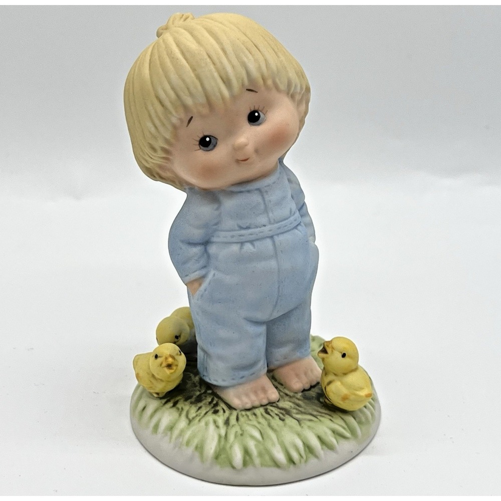 Enesco Figurine Scooter Country Cousins Little Boy With Baby Chicks RJ & Billy D